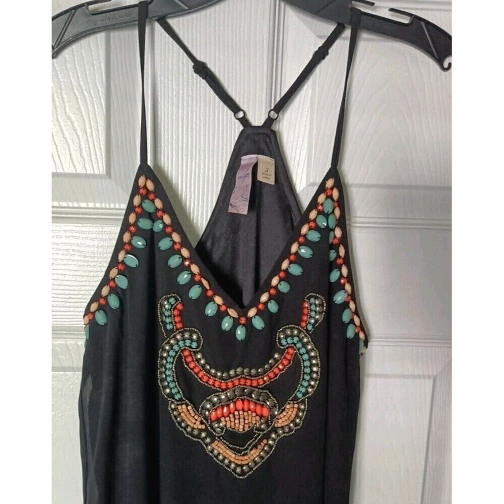 Alya Sheer Dress Size Small Black Turquoise Beaded Neckline Spaghetti Strap - Picture 4 of 7